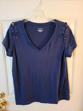 Lane Bryant Navy V-Neck Short Sleeve Top with Lace-Up Shoulders